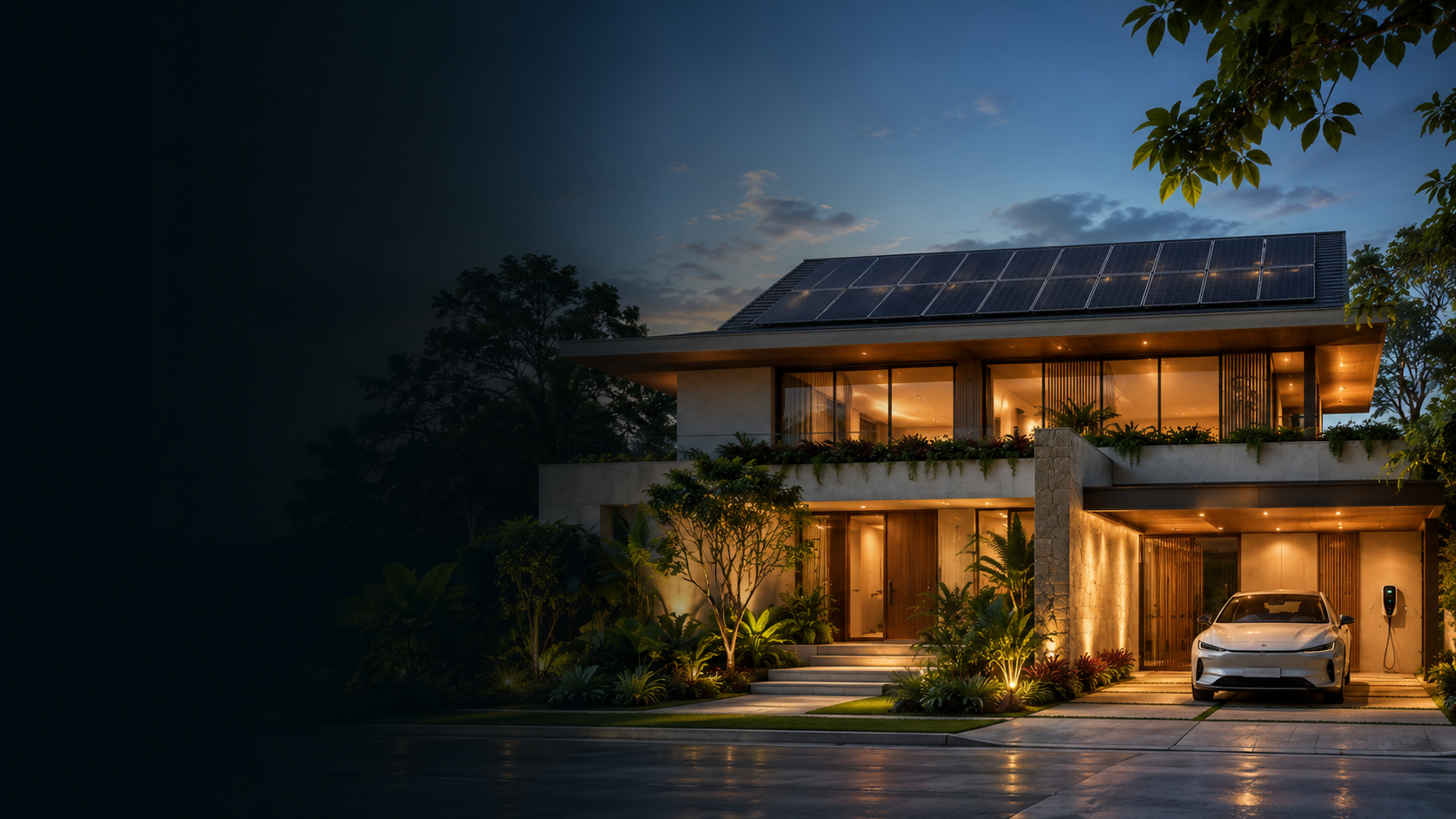 Hogar sustentable ORYGEN con paneles solares al atardecer