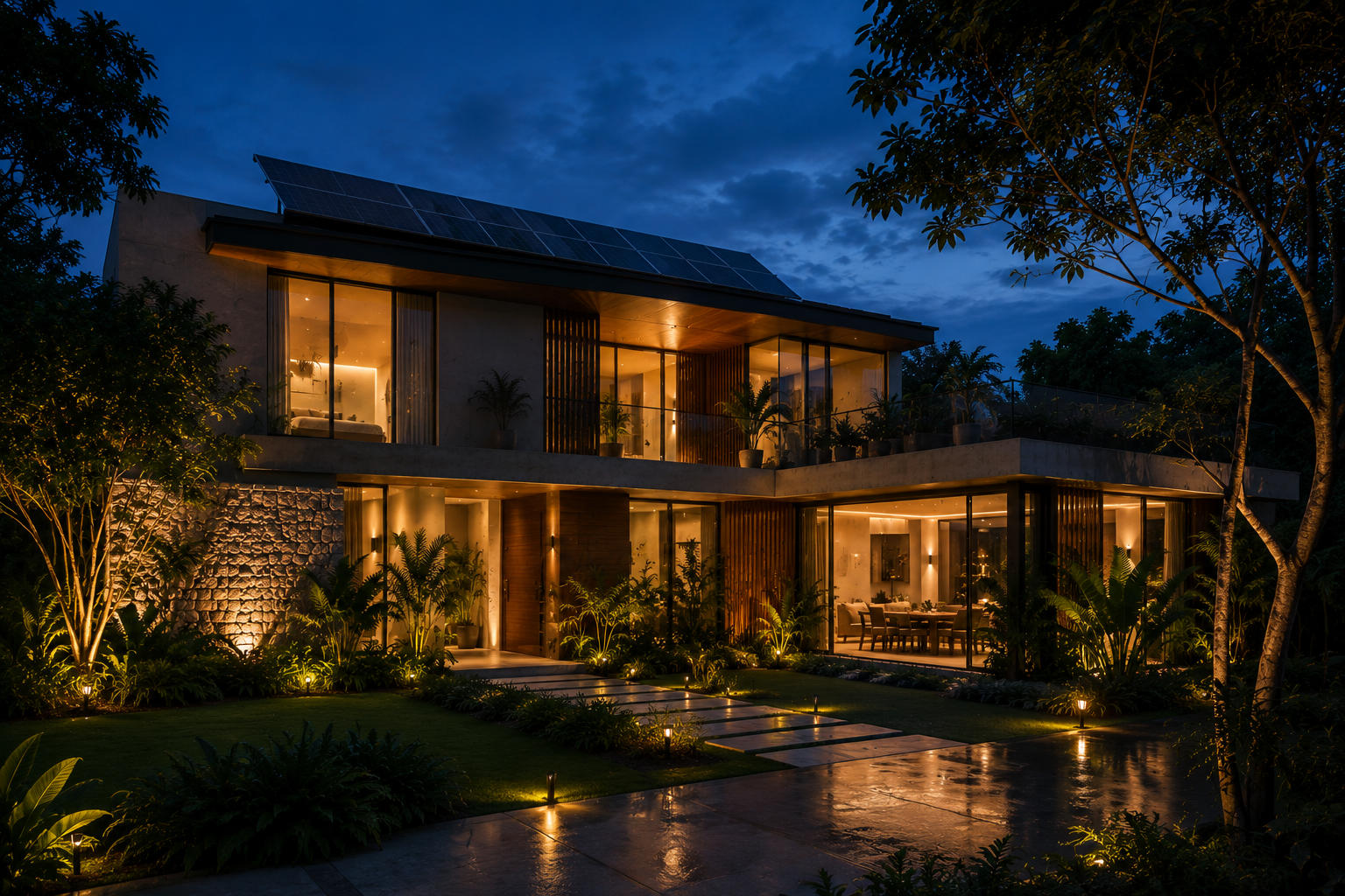 Familia frente a su hogar sustentable al atardecer