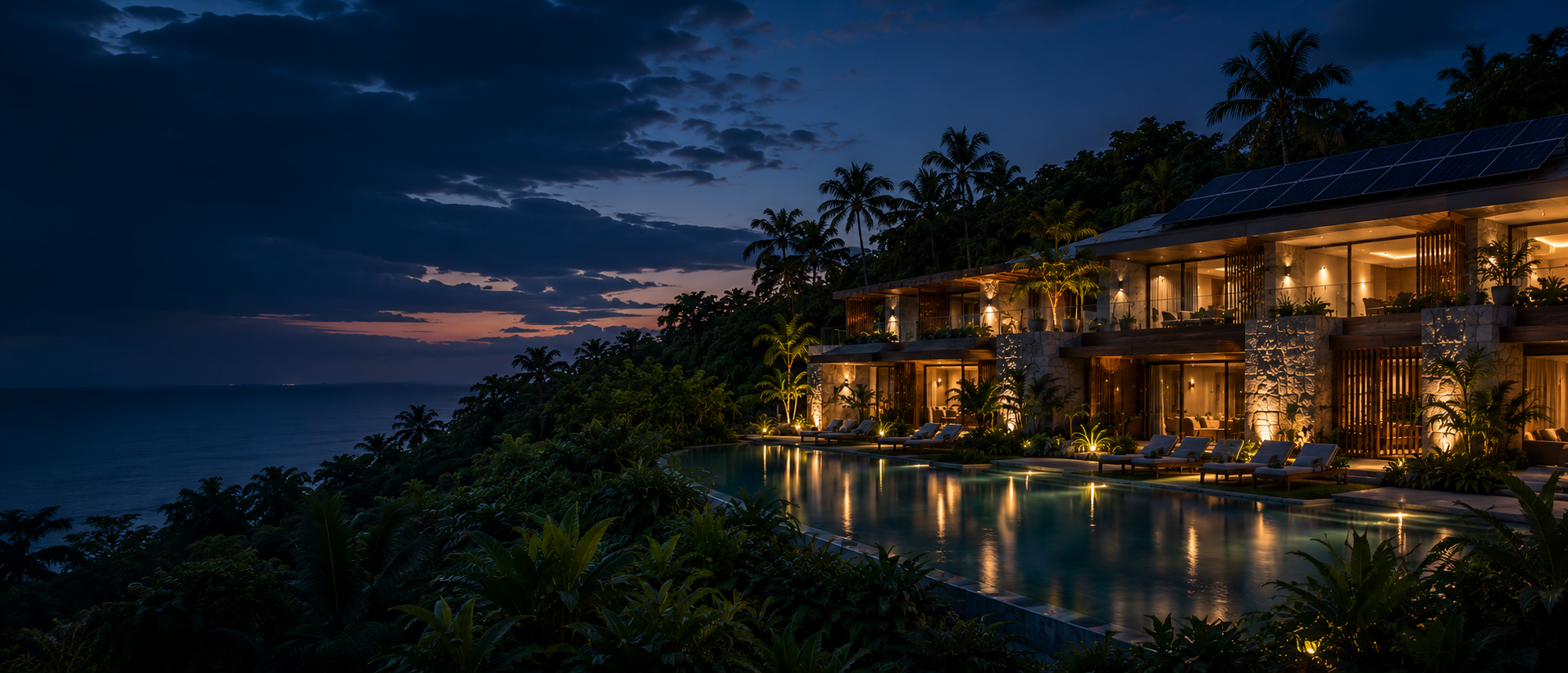 Resort sustentable al atardecer con paneles solares