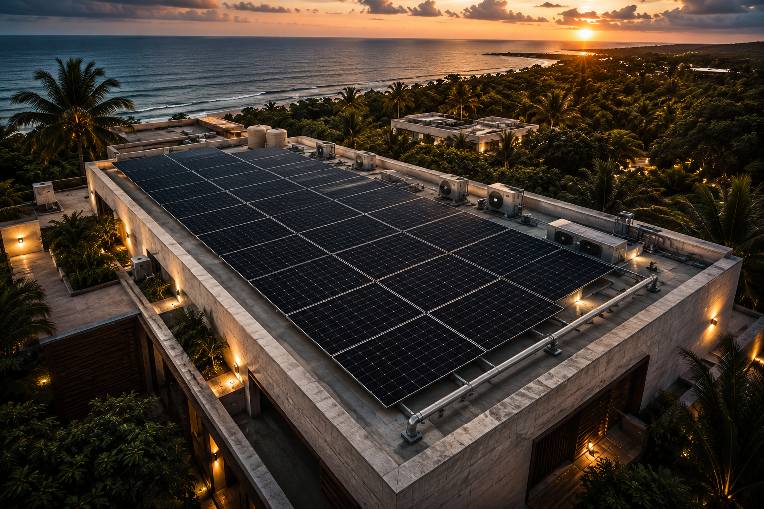Paneles solares en azotea de hotel