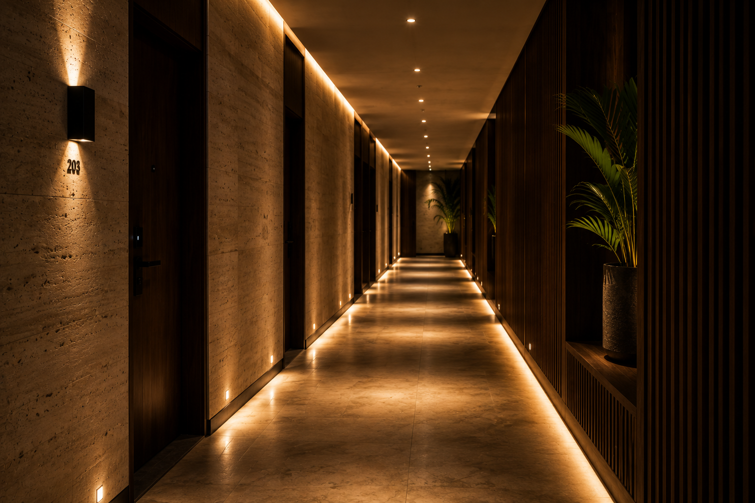 Iluminación eficiente en pasillos de hotel