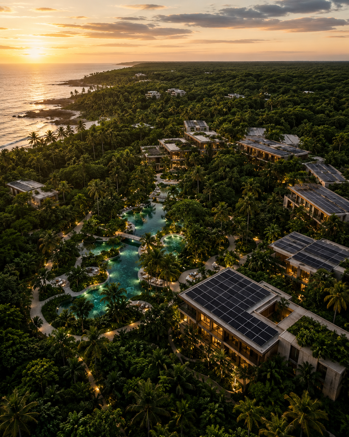 Resort sustentable en la Riviera Maya visto desde el aire